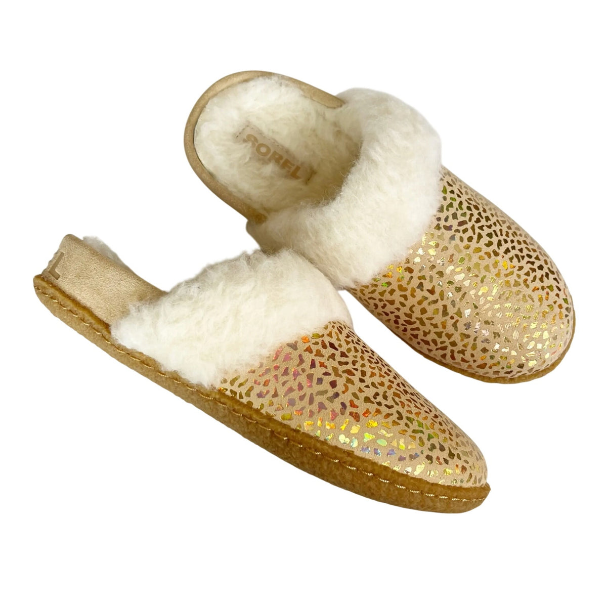 SOREL Kids Nakiska Slide II Slippers Size 5 Ceramic Gold Suede Hard Bottom NWOB