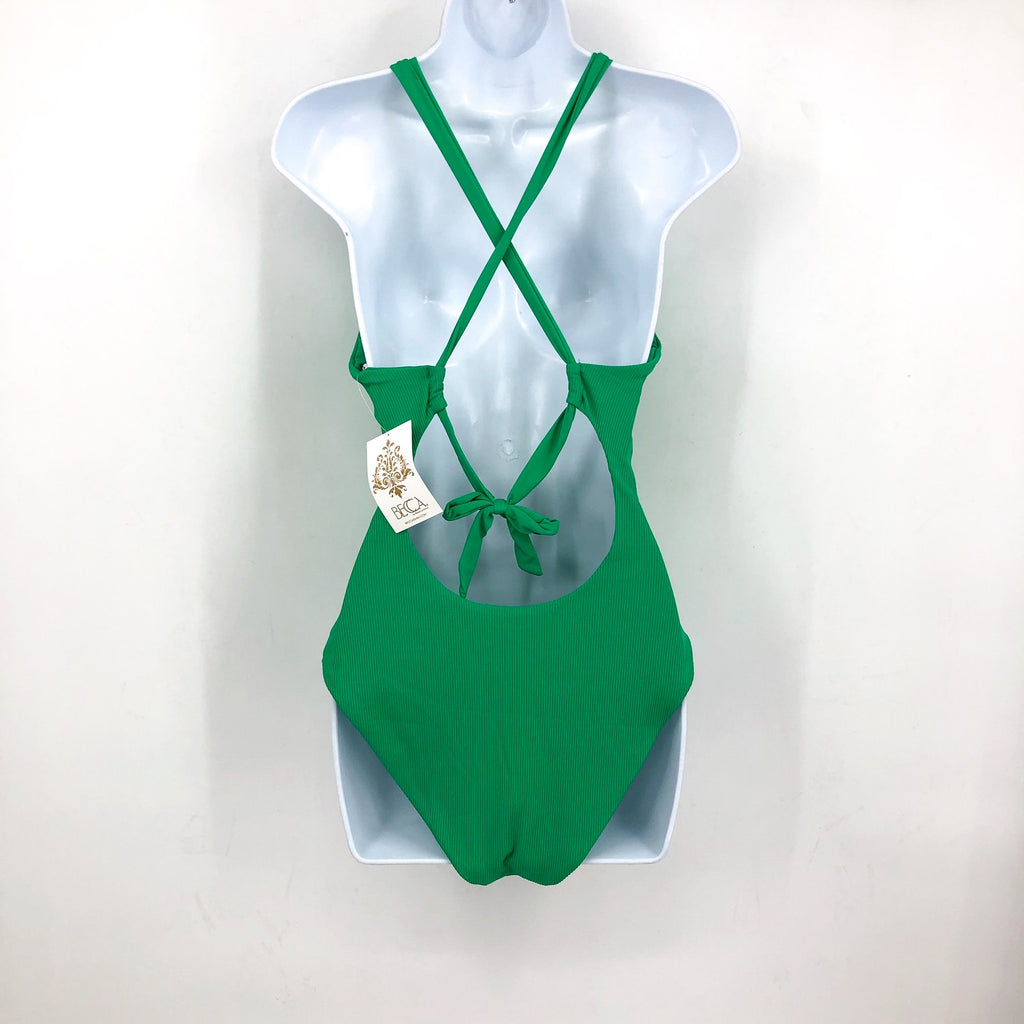 BECCA Women's Gia Plunge One Piece Swimsuit Large Green Lace Up Modern Edge NWT