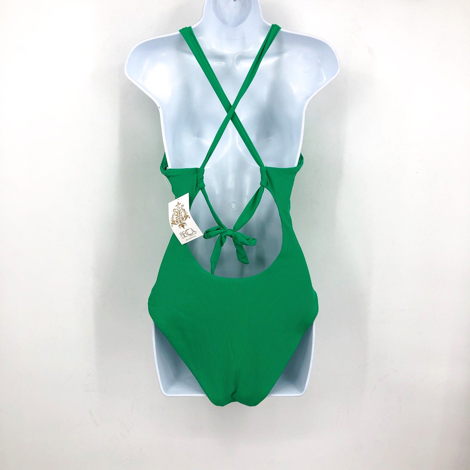 BECCA Women's Gia Plunge One Piece Swimsuit Large Green Lace Up Modern Edge NWT