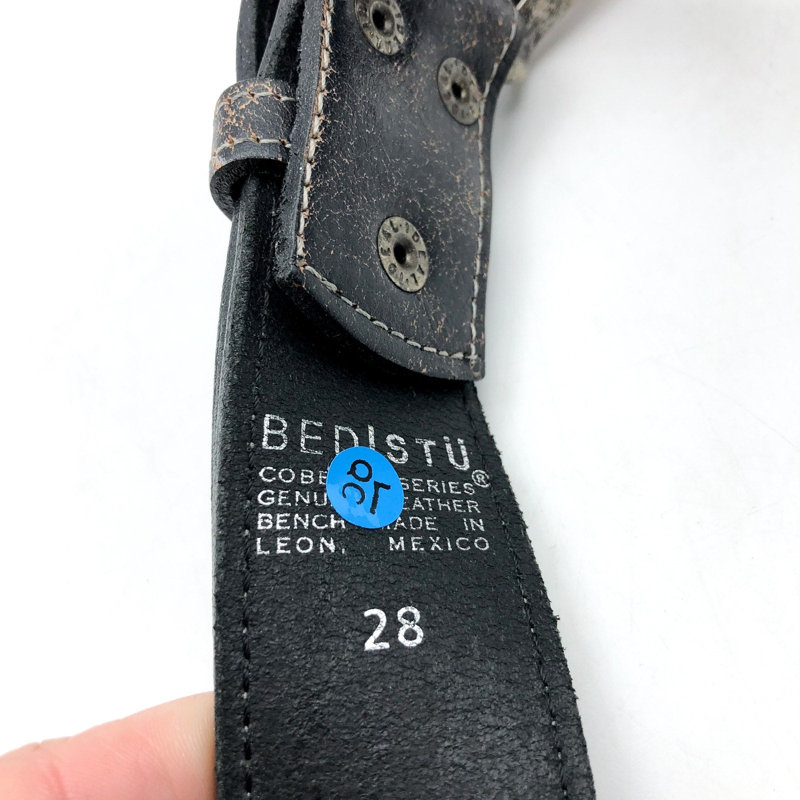 BED STU Men's Distressed Leather Meander Belt Size 28 Black Lux Metal Buckle NWT