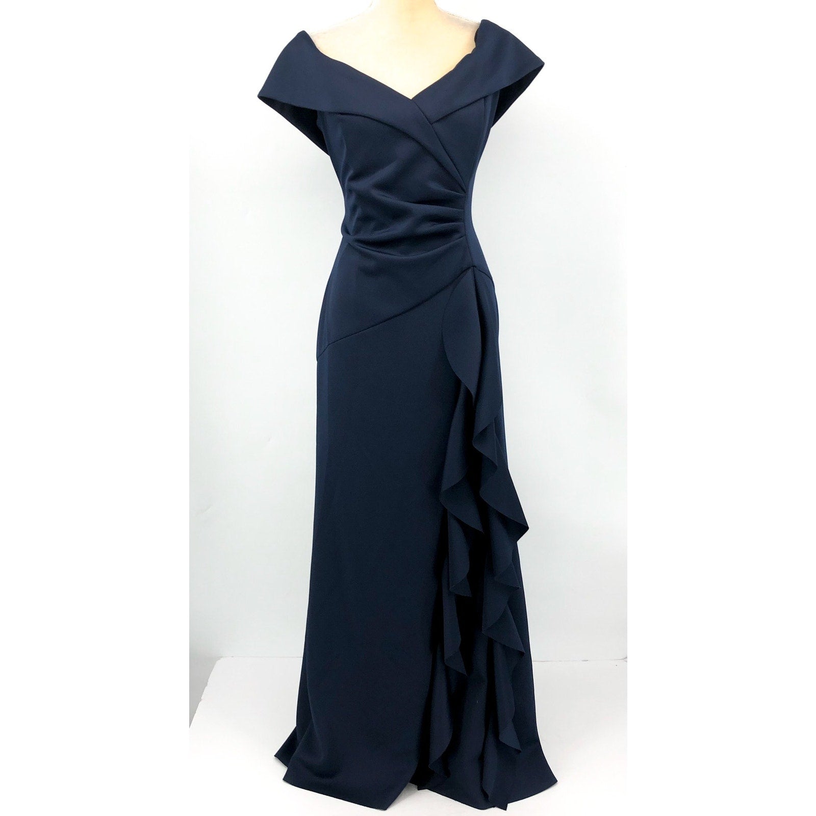 XSCAPE Womens Ruffle Off the Shoulder Gown Size 16 Midnight Blue Scuba 4581X NWT