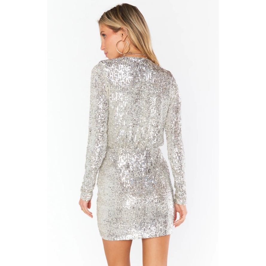 SHOW ME YOUR MUMU Party Hop Dress XS Silver Platinum Sequins Long Sleeve NWT