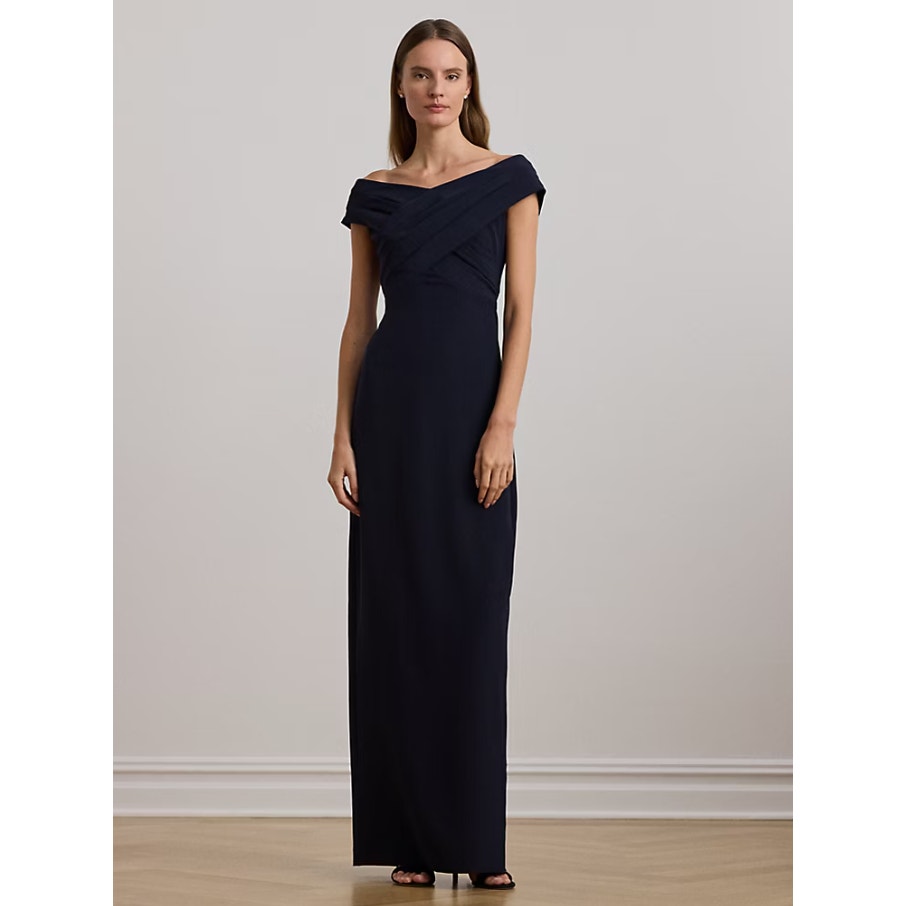 LAUREN RALPH LAUREN Crepe Off-the-Shoulder Gown Size 8 Navy Blue Formal NWT