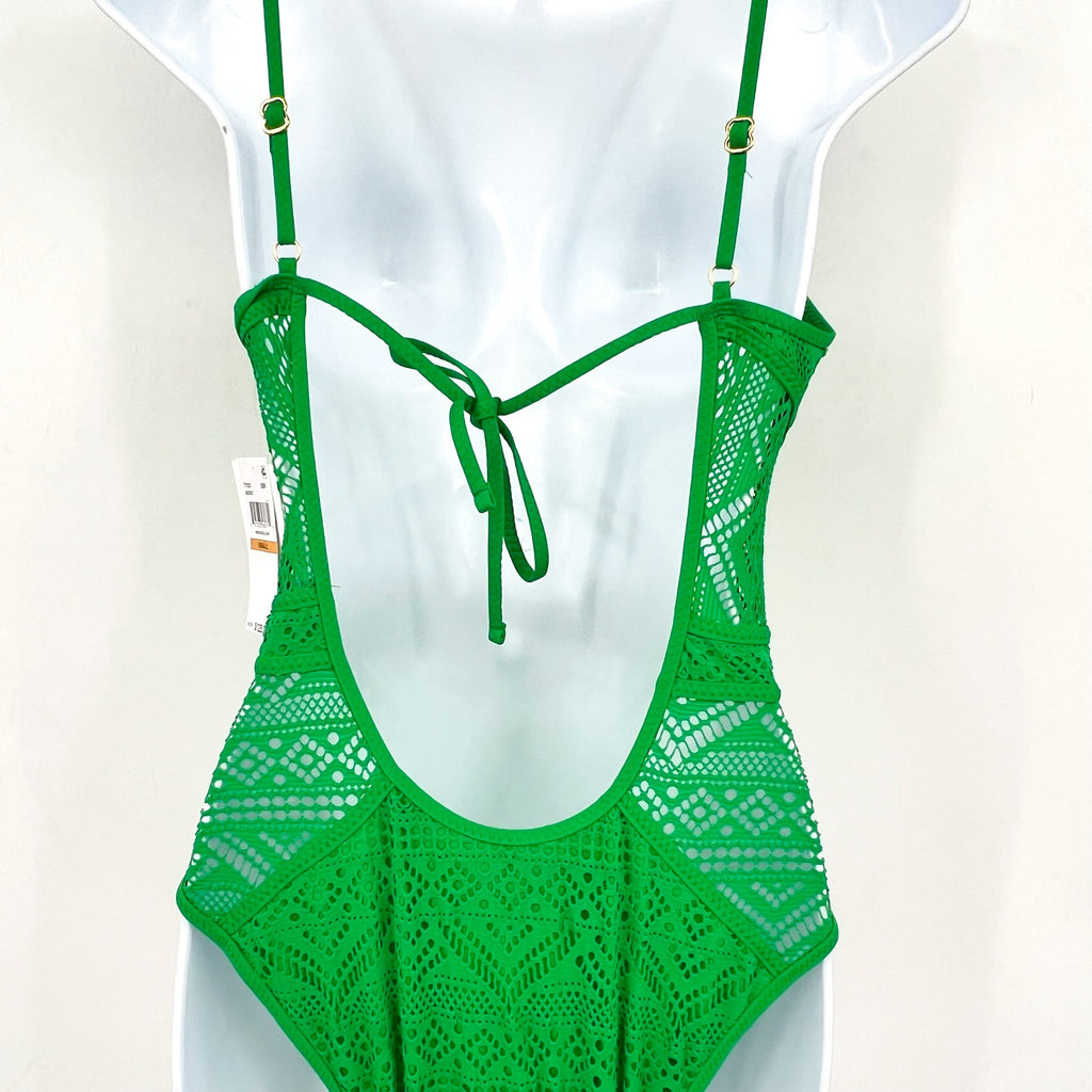 BECCA Women's Crochet Plunge One Piece Swimsuit XS Emerald Green Color Play NWT