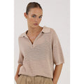 VARLEY Womens Clayton Polo Sweater Medium Beige Moonlight Knit Short Sleeve NWOT