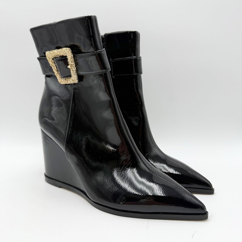 Sam Edelman Womens Weslie Wedge Heeled Bootie Size 6 Black Vegan Patent NWOB