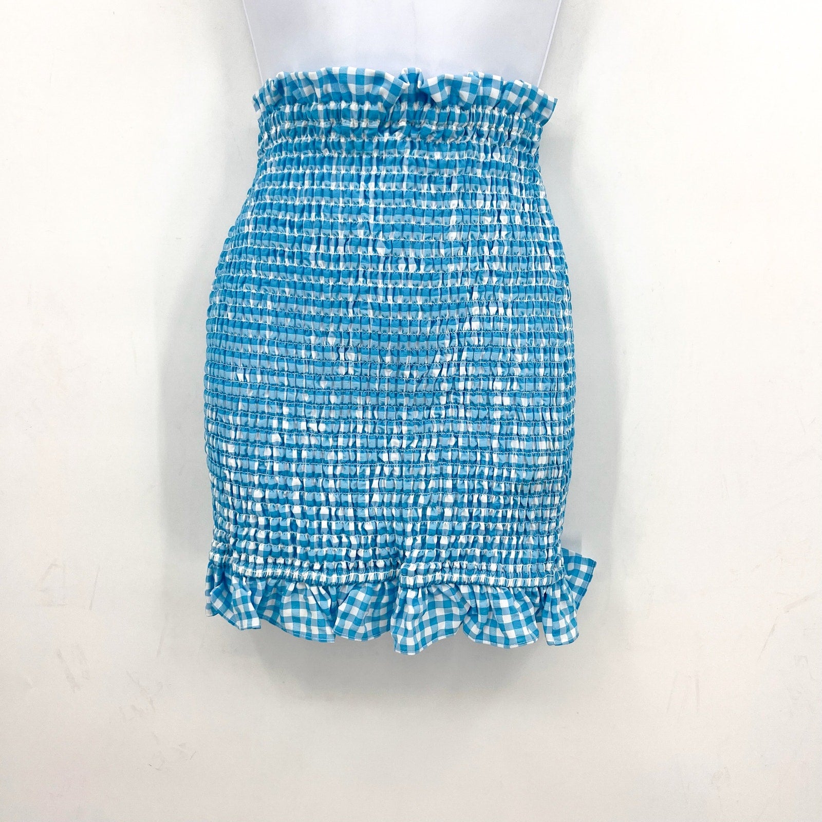 BCBGENERATION Women's Smocked Woven Mini Skirt Large Bluecomb Gingham NWOT