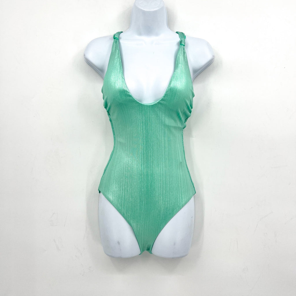 BECCA Oragami Textured Knotted One Piece Swimsuit Small Green Aqua Sea NWT