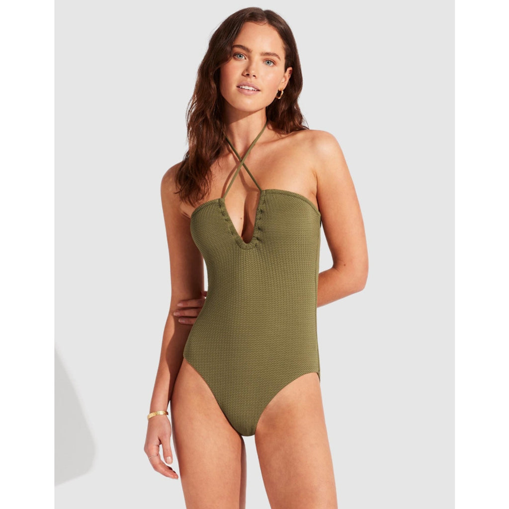 SEAFOLLY Sea Dive Bandeau Maillot One Piece Swimsuit Size 6 Green Khaki NWT