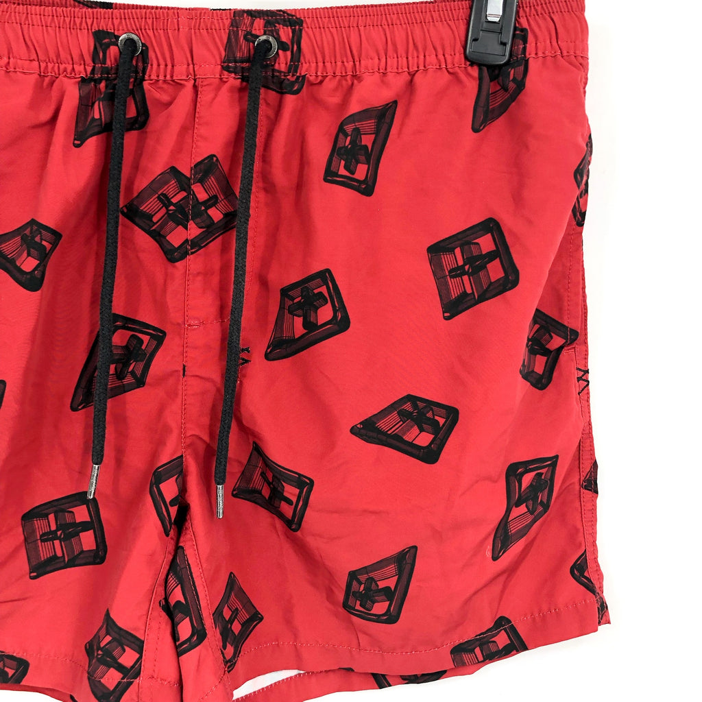 KSUBI Men's 3D Print Swim Board Shorts Large Red Black Drawstring NWT