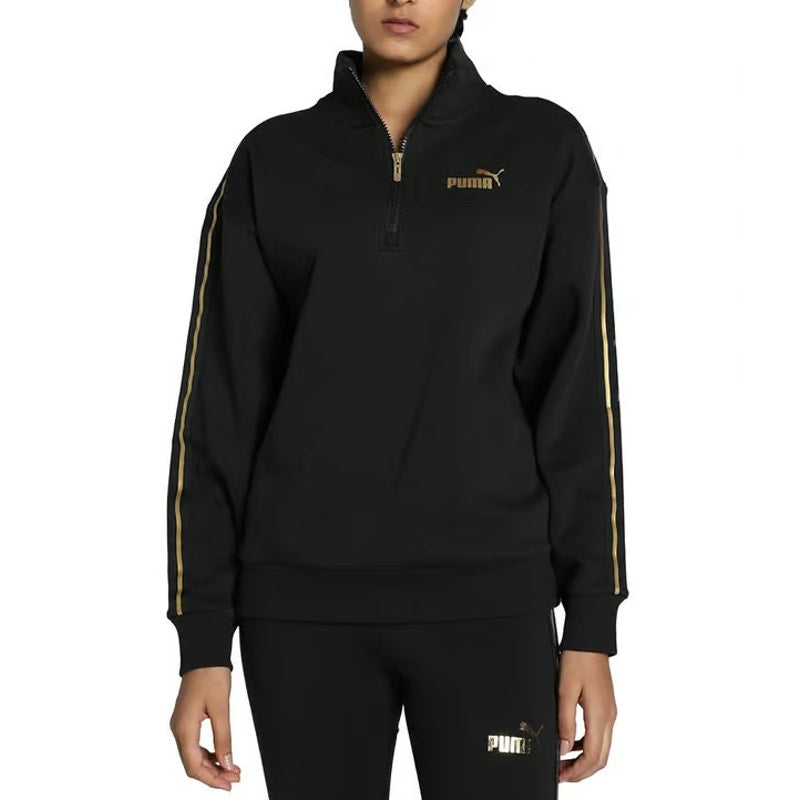 PUMA Women's Half-Zip Sweatshirt Large Black Minimal Gold Pullover NWT