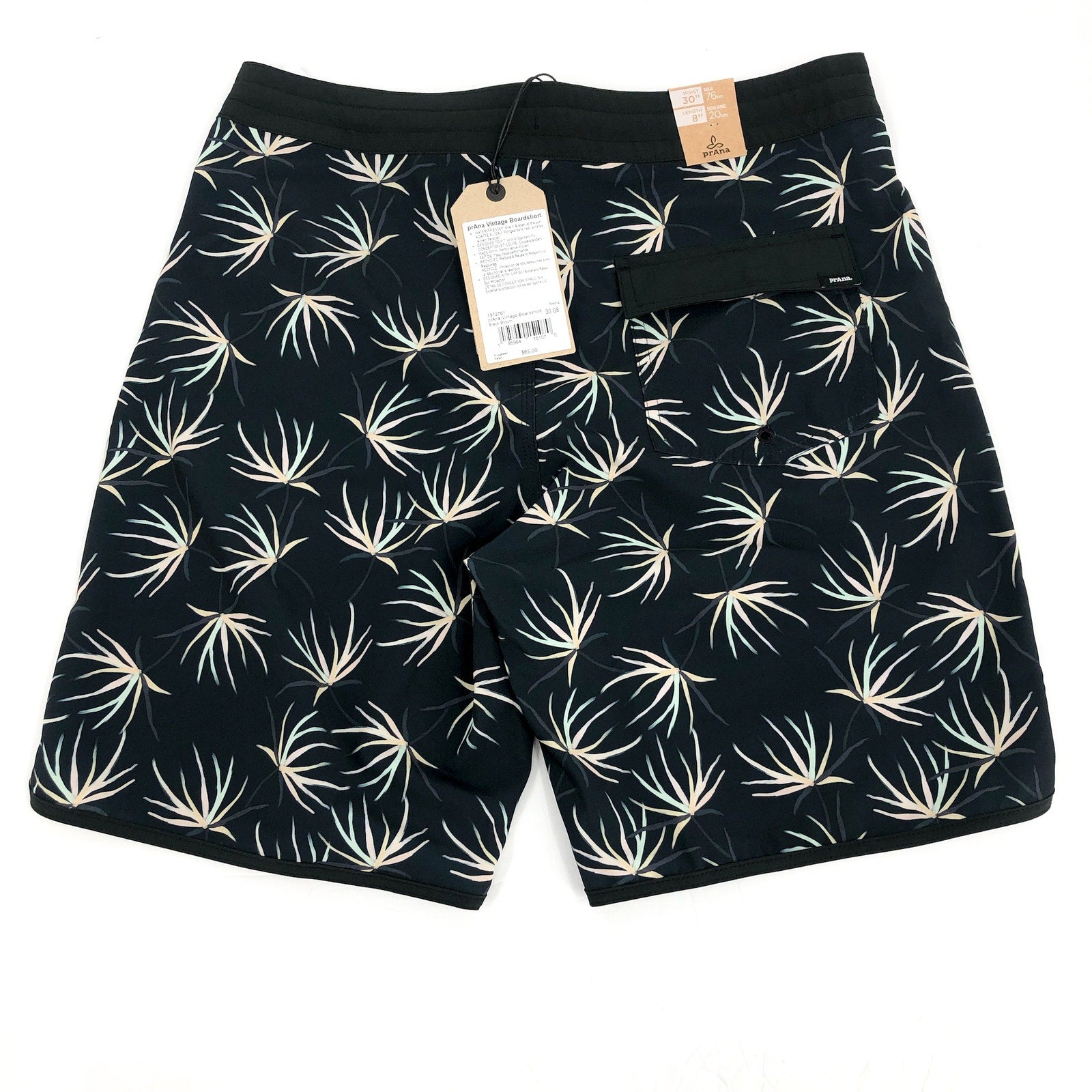 PRANA Men's Vintage Boardshort Size 30 Black Bloom 8" Inseam Drawstring NWT