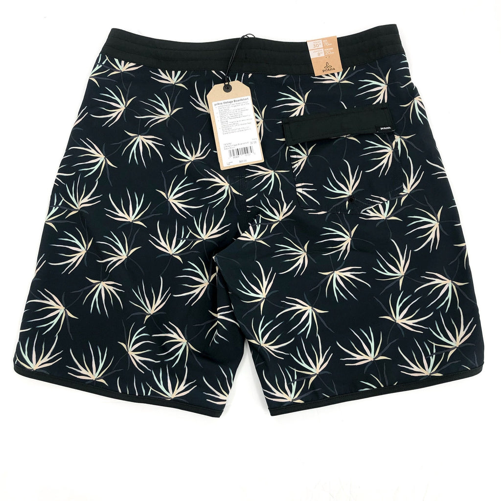 PRANA Men's Vintage Boardshorts Small 30 Black Bloom 8" Inseam Drawstring NWT