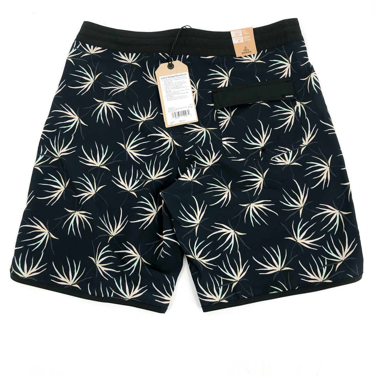 PRANA Men's Vintage Boardshorts Small 30 Black Bloom 8" Inseam Drawstring NWT