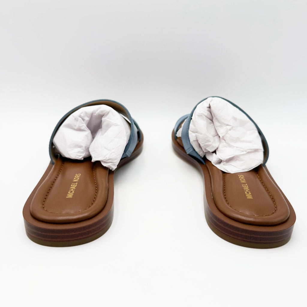 Michael Kors Womens Erin Leather Flat Sandals Size 6.5 Light Blue Chambray NIB