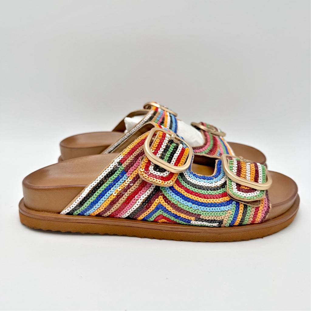 Steve Madden Womens Tourist Footbed Sandals Size 7.5 Multicolor Sequins NIB