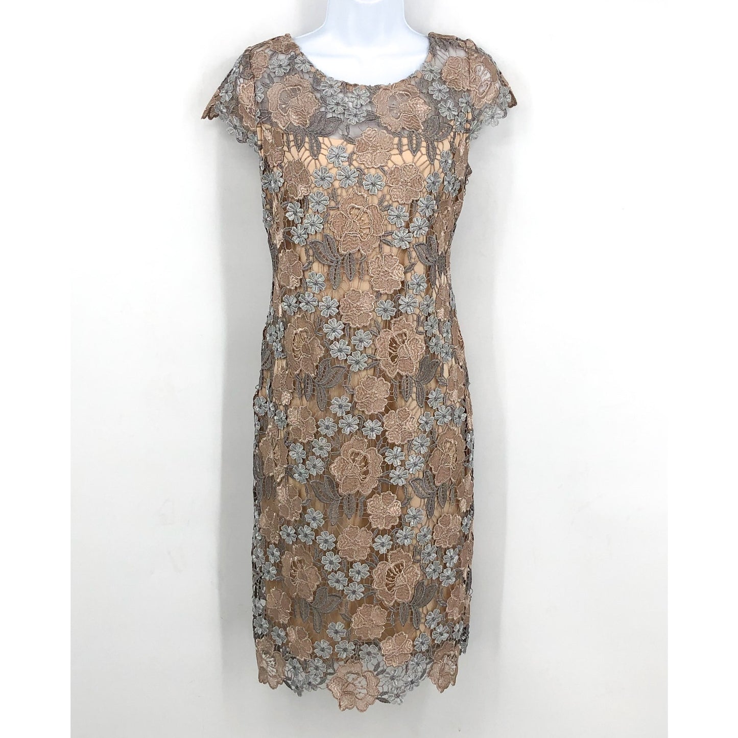 XSCAPE Floral Lace Sheath Dress Size 6 Rose Gold Short Sleeve Boat Neck NWOT