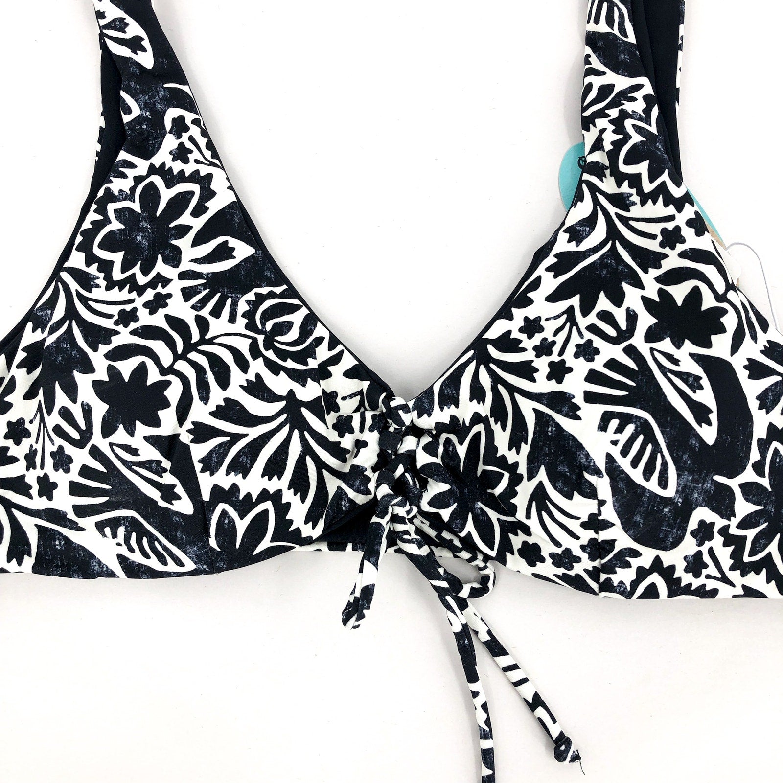 PRANA Women's Ruby Beach Bikini Top Medium Black Flora Fauna Lace Up Swim NWT