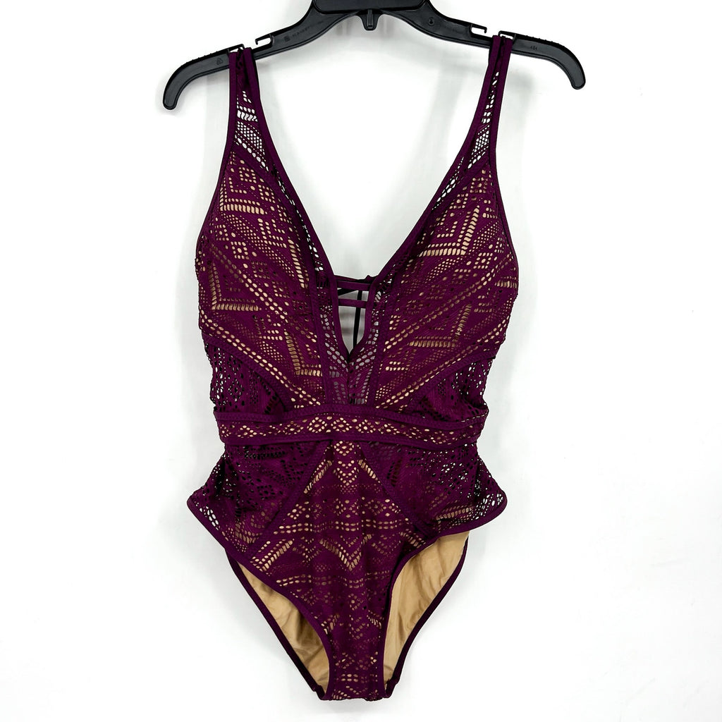 BECCA Women's Plunge One-Piece Swimsuit Large Purple Color Play Crochet NWT