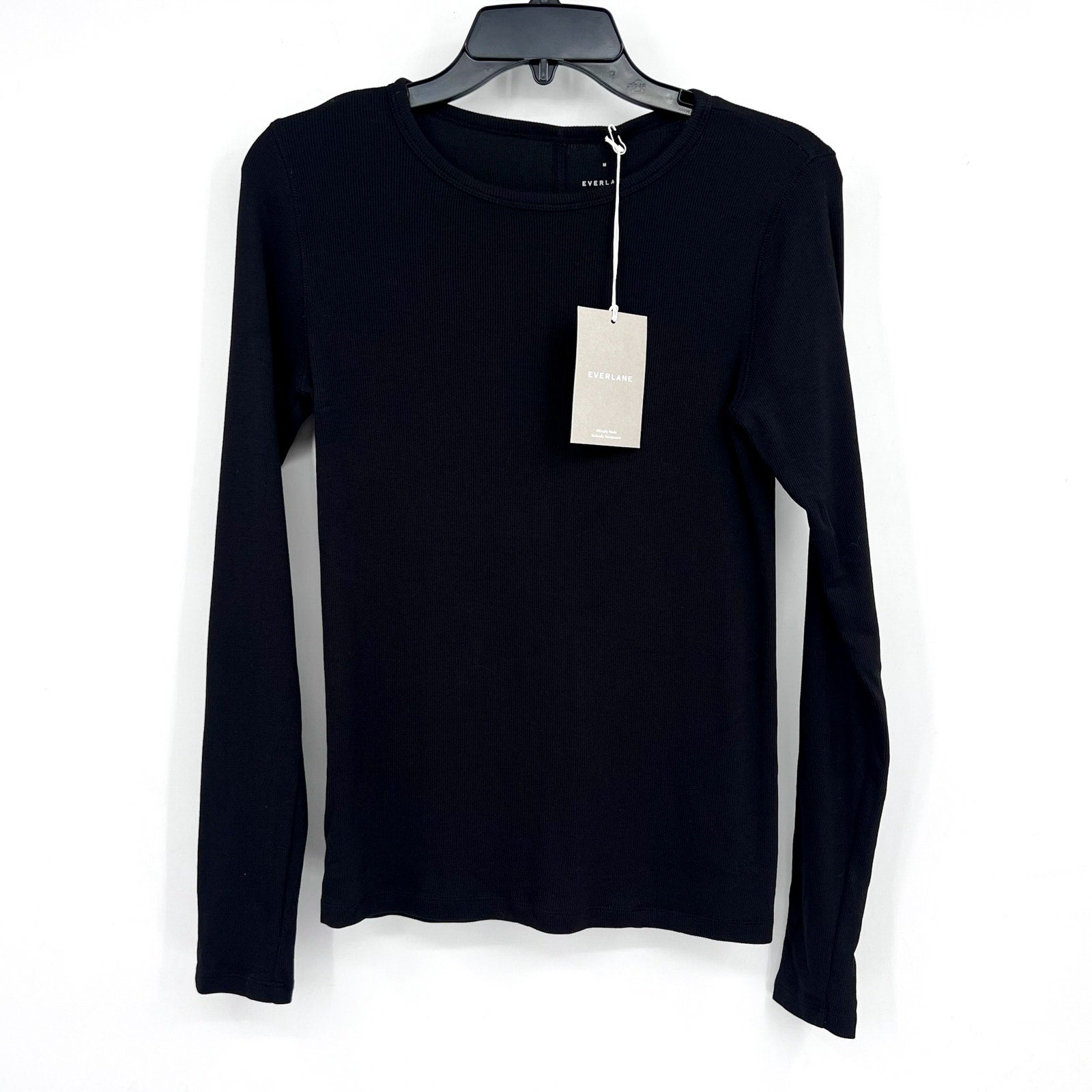 EVERLANE Womens The Luxe Rib Long-Sleeve Crew Tee Medium Black Supima Cotton NWT