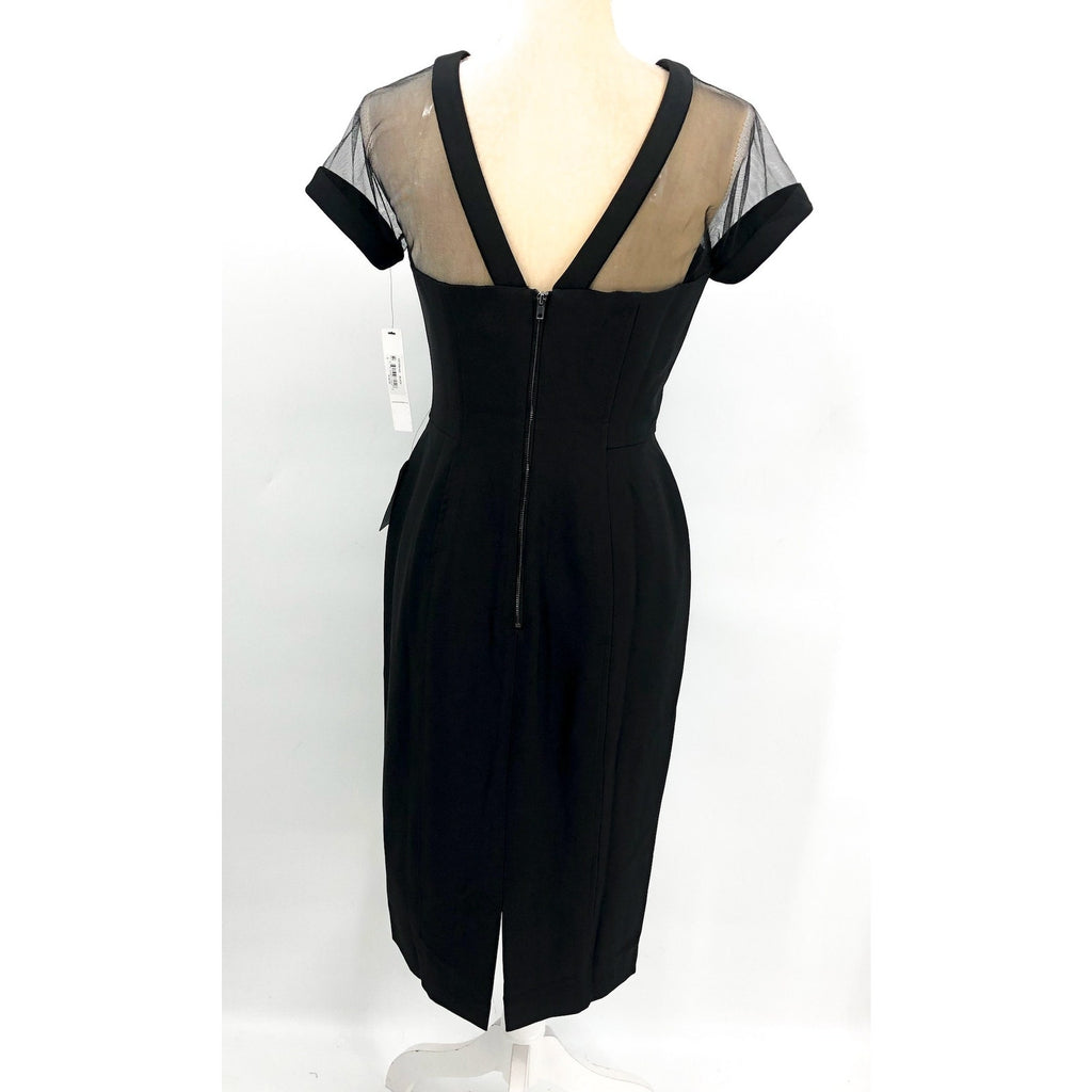 MAGGY LONDON Women's Short Sleeve Illusion Sheath Dress Size 4 Black V Back NWT
