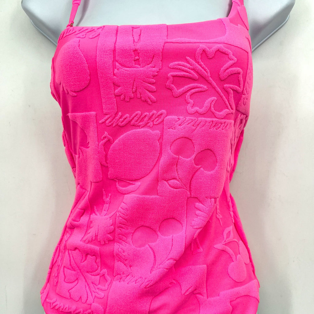 BEACH RIOT Women's Athena One-Piece Swimsuit Small Bright Pink Print Terry NWT