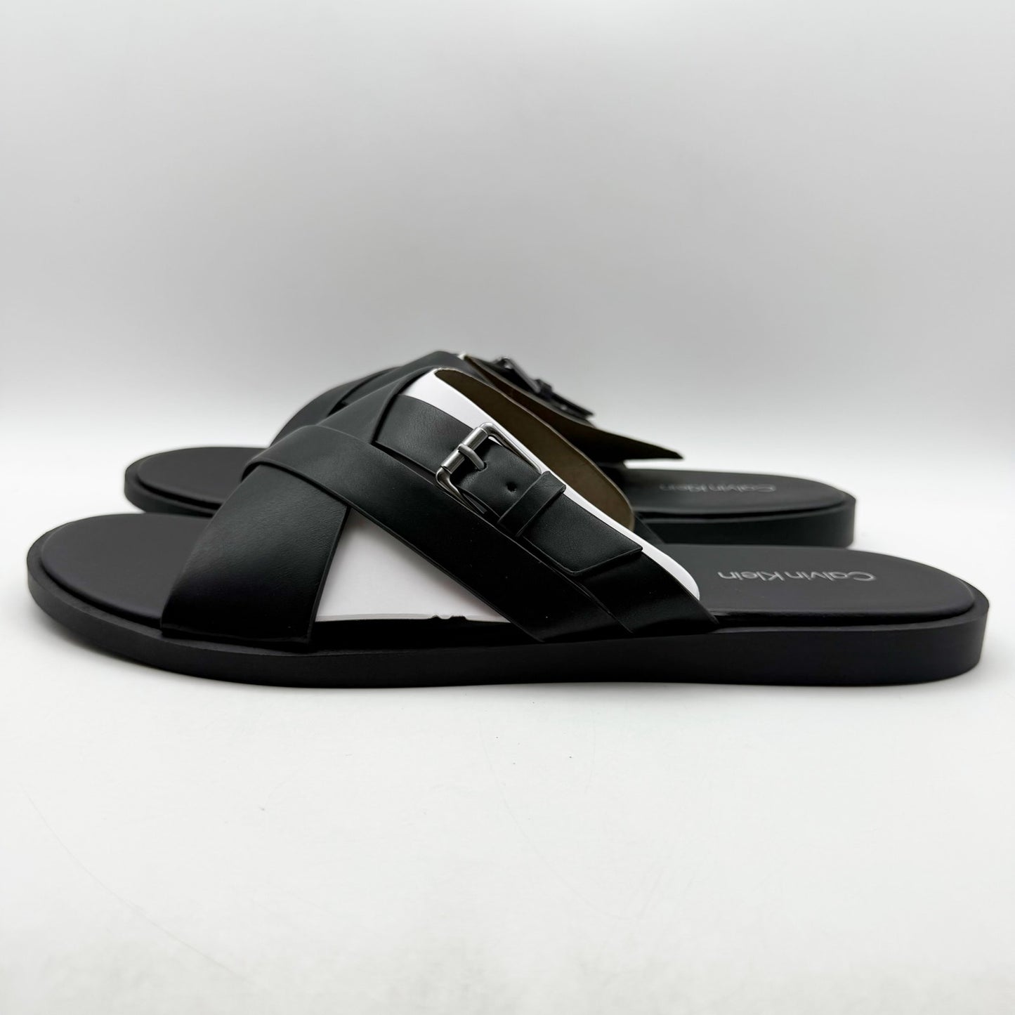Calvin Klein Mens Elon Slip On Sandals US 13 M Black Vegan Leather NIB