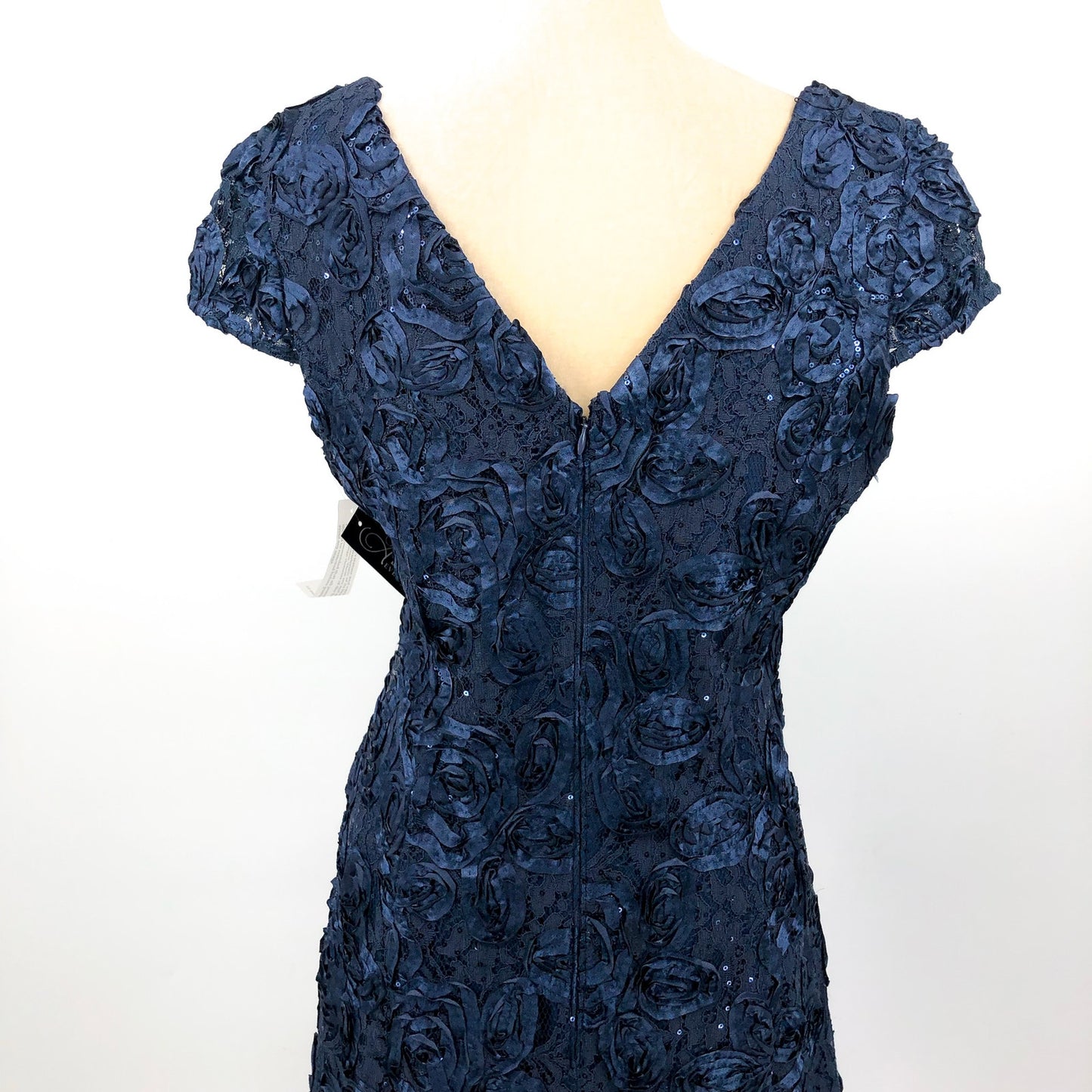 ALEX EVENINGS Rosette A-line Midi Dress Size 14 Navy Blue Sequin Lace 121570 NWT