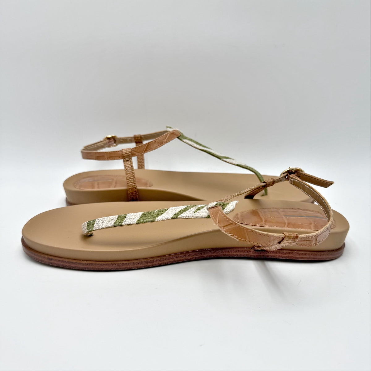 Sam Edelman Womens Naomi T-Strap Flat Sandals Size 9.5 M Green Tan NIB