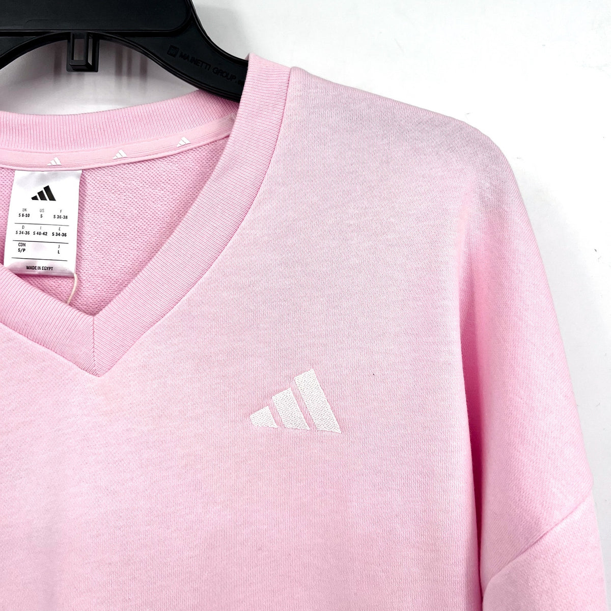 ADIDAS Womens Essentials 3 Stripes V-Neck Sweatshirt Small Pink White NWT