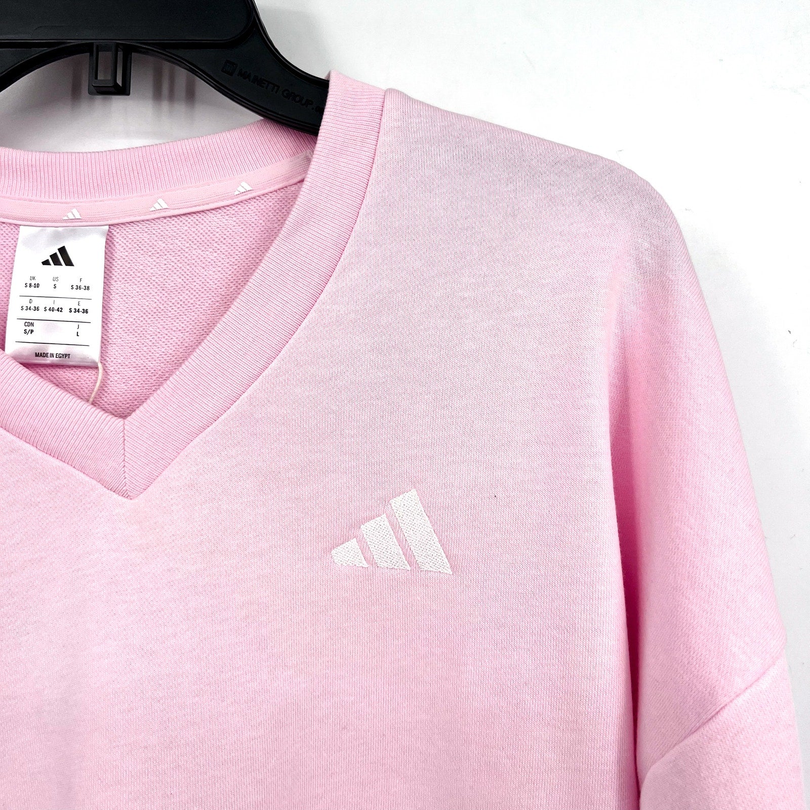 ADIDAS Womens Essentials 3 Stripes V-Neck Sweatshirt Small Pink White NWT