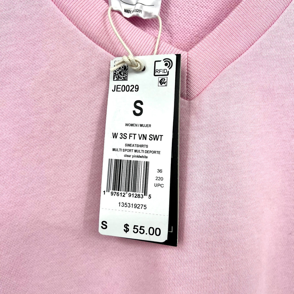ADIDAS Womens Essentials 3 Stripes V-Neck Sweatshirt Small Pink White NWT