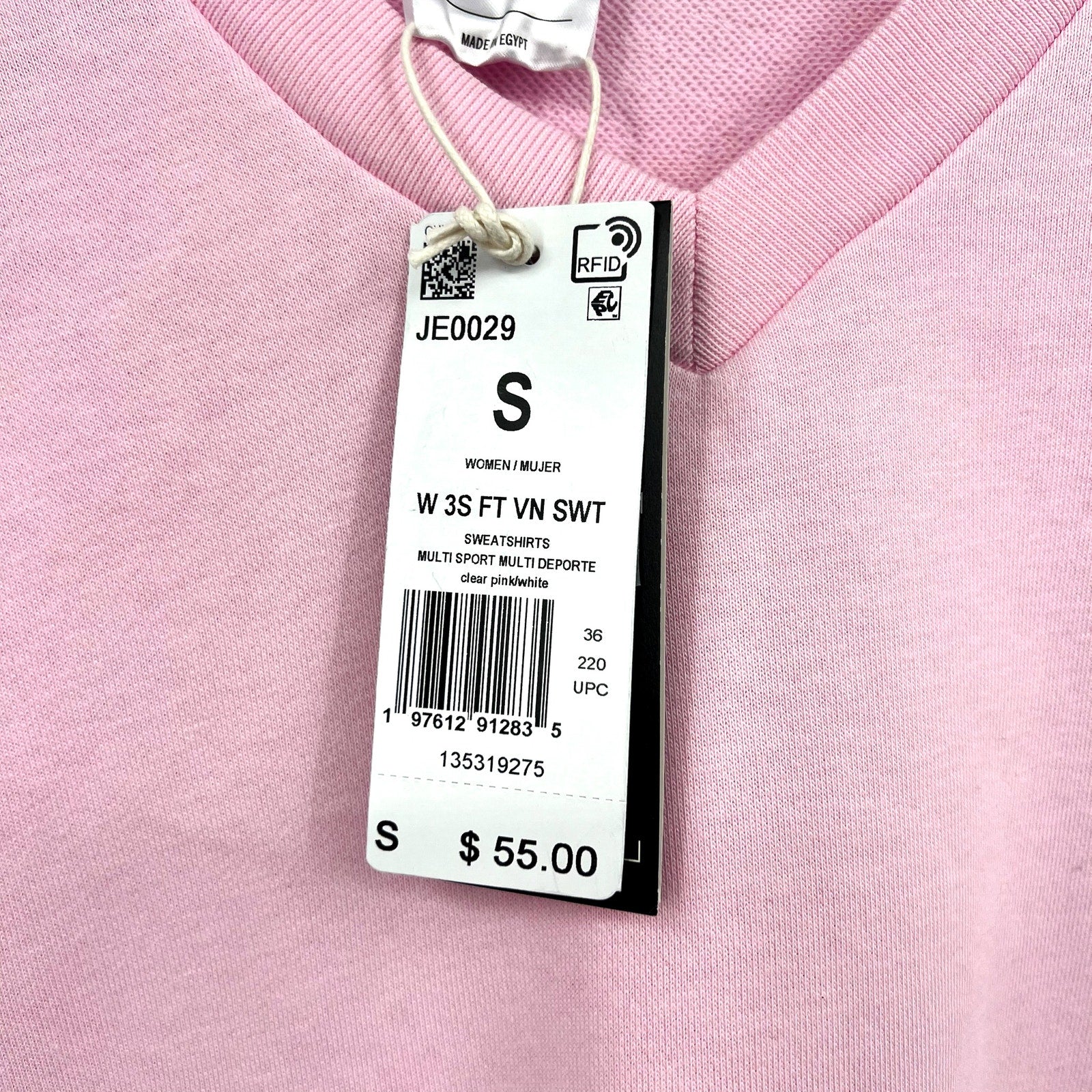ADIDAS Womens Essentials 3 Stripes V-Neck Sweatshirt Small Pink White NWT