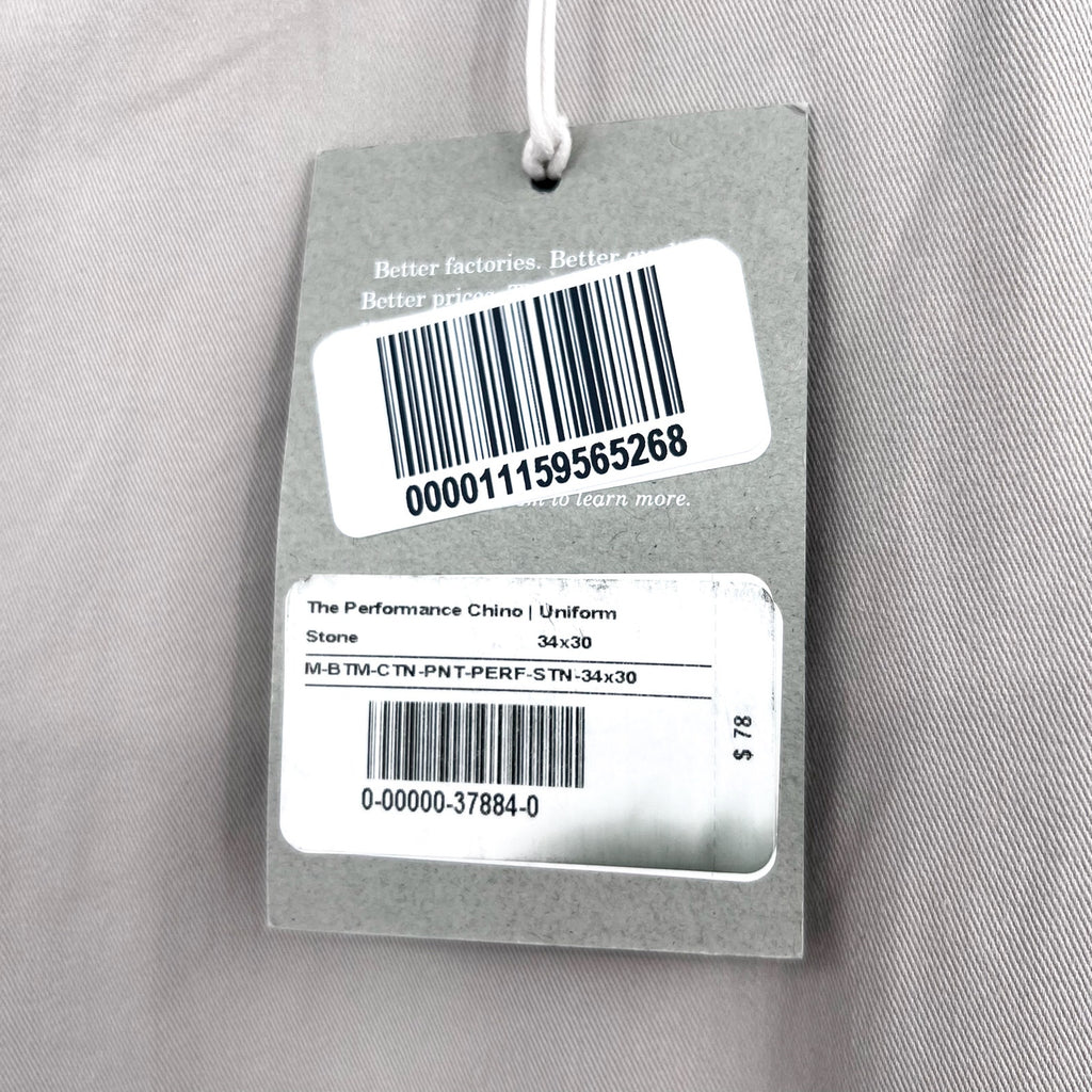 EVERLANE Men's Uniform Performance Chino 34x30 Stone Grey Pants NWT