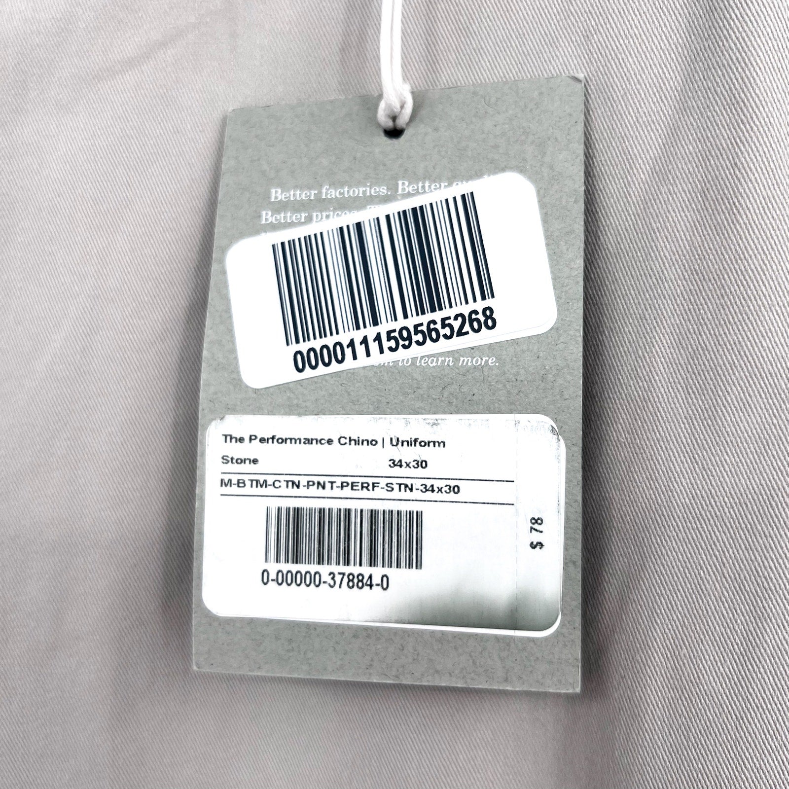 EVERLANE Men's Uniform Performance Chino 34x30 Stone Grey Pants NWT