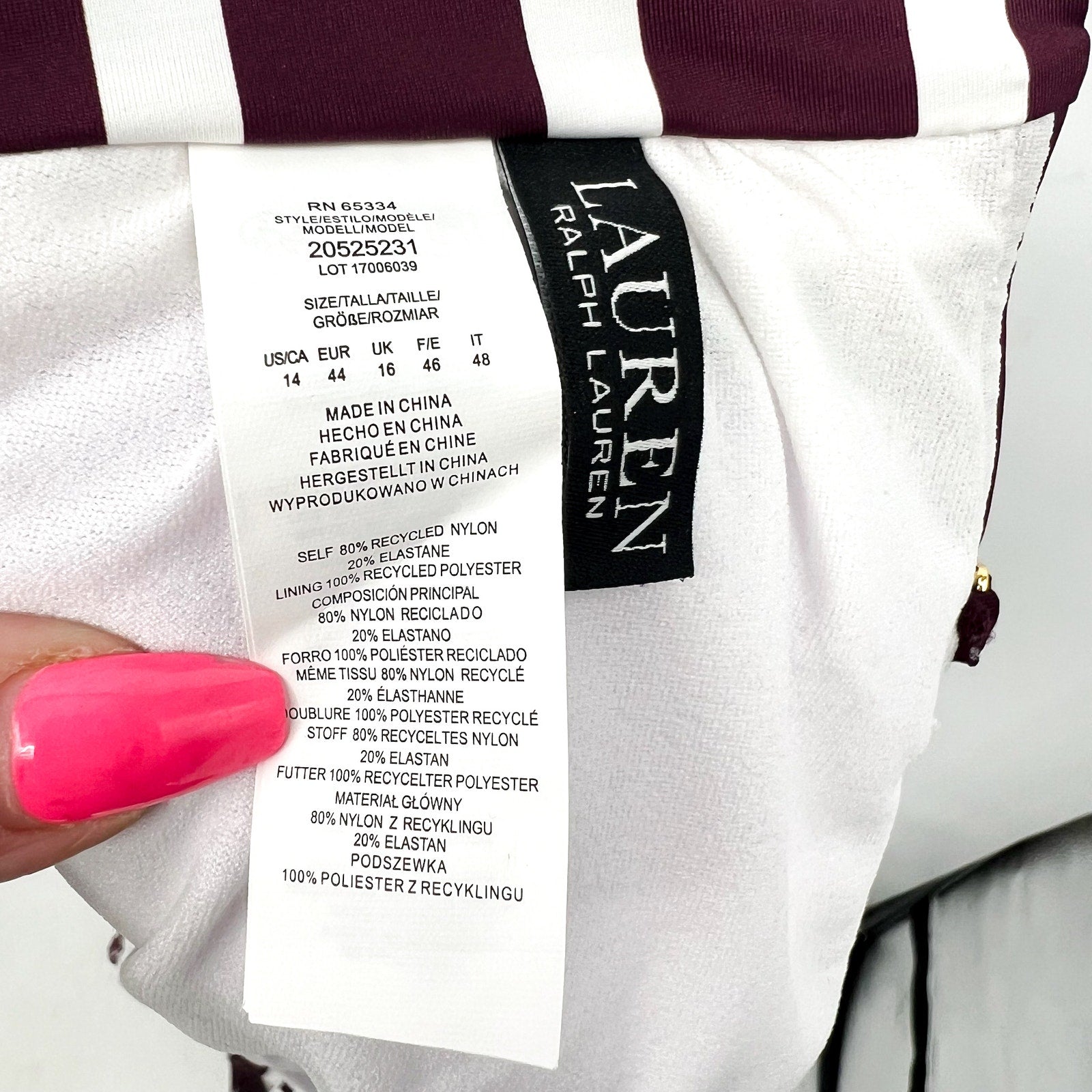 LAUREN RALPH LAUREN Largo Stripe Ring Bandeau Bikini Top Size 14 Red Claret NWT