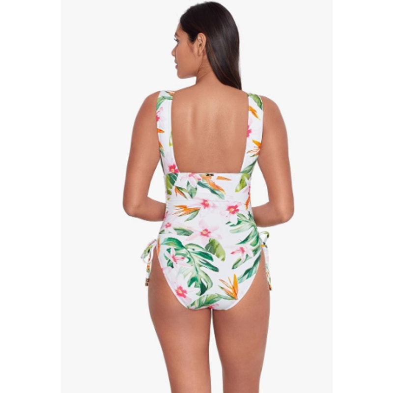 LAUREN RALPH LAUREN Plunge One Piece Swimsuit Size 12 White Tropical Floral NWT