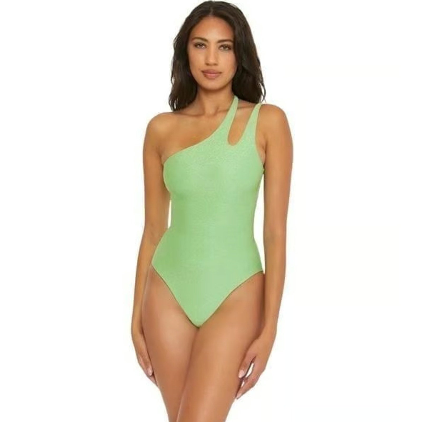 BECCA Glimmer Sparkly One Shoulder One Piece Swimsuit Large Lime Green NWT
