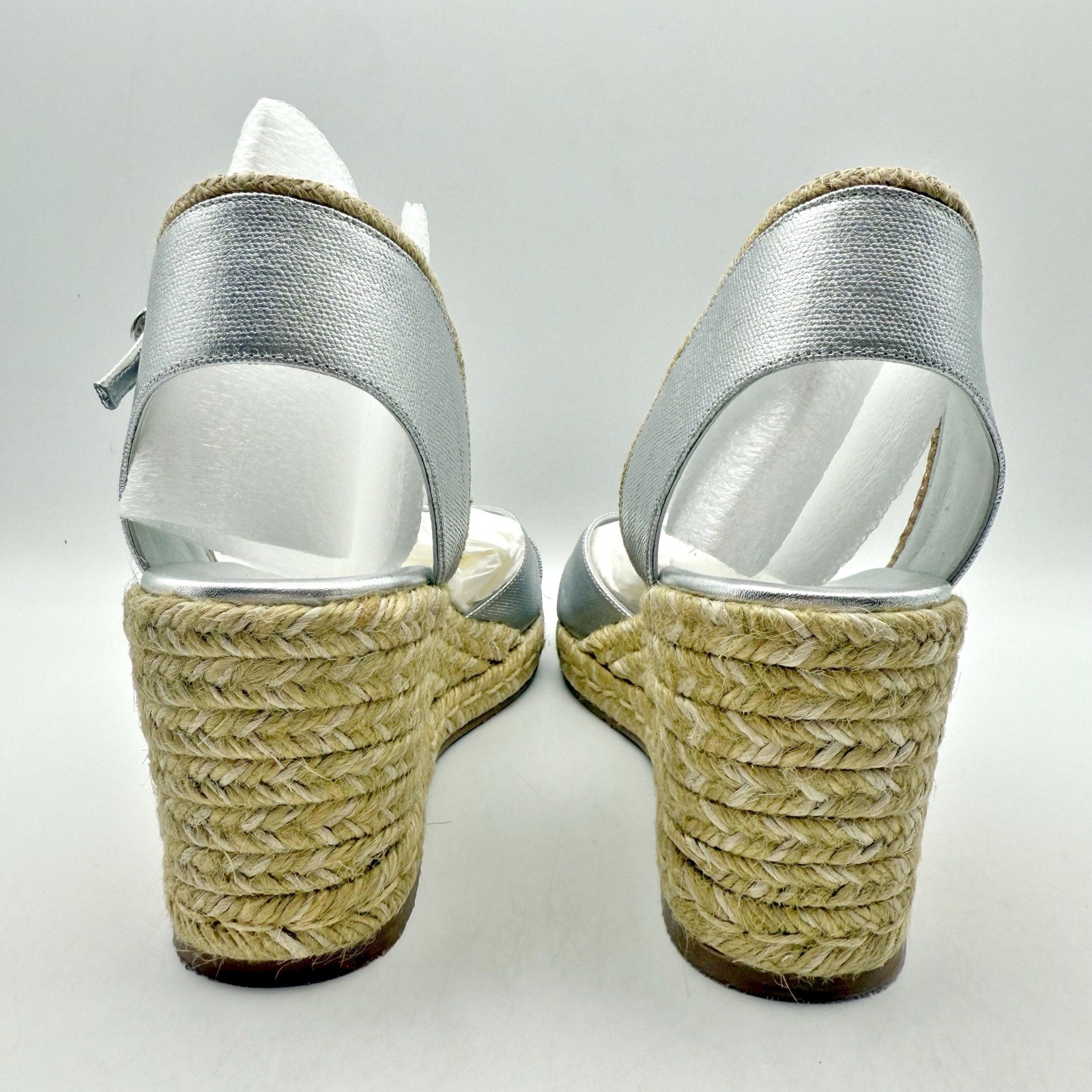 Stuart Weitzman Mirela II Espadrille Wedge Sandals Size 10 B Silver Leather NIB