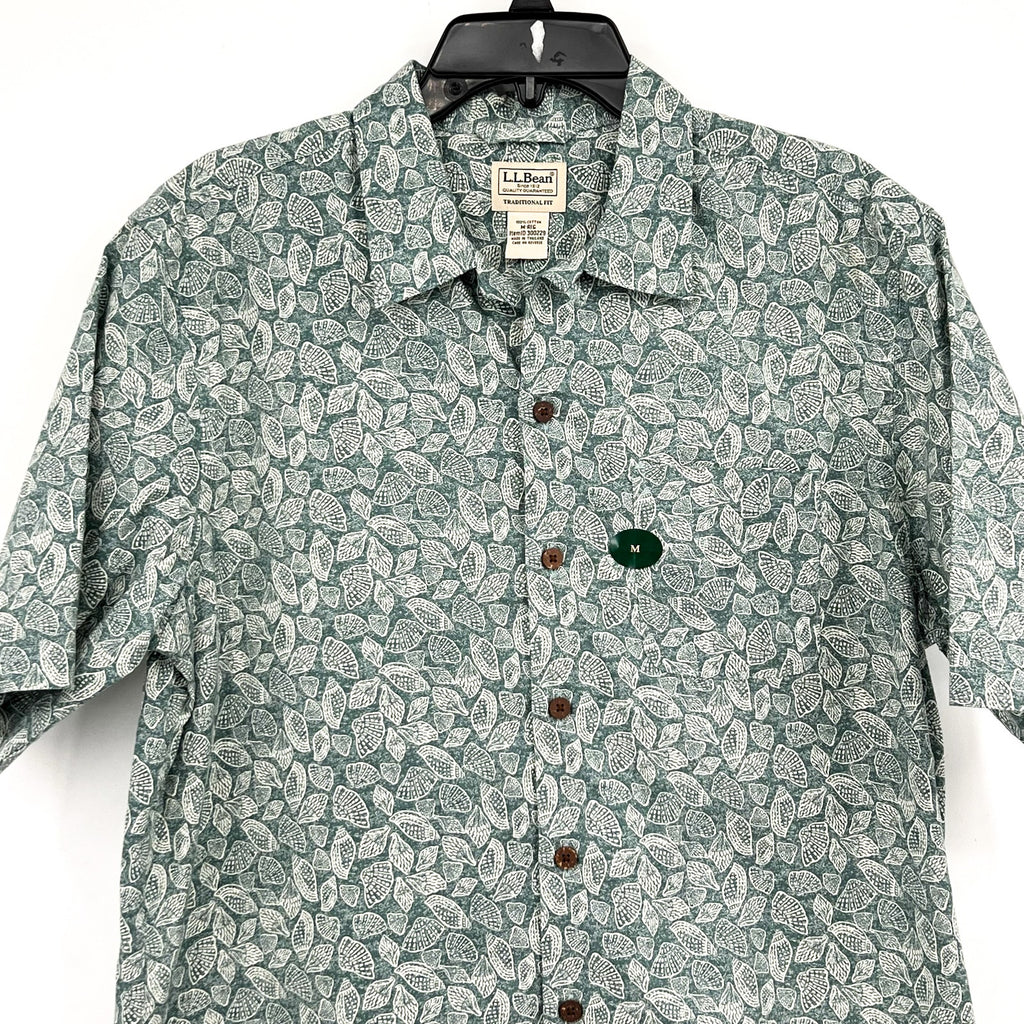 L.L. BEAN Men's Tropics Woven Shirt Medium Green Sea Shells Short Sleeve NWT