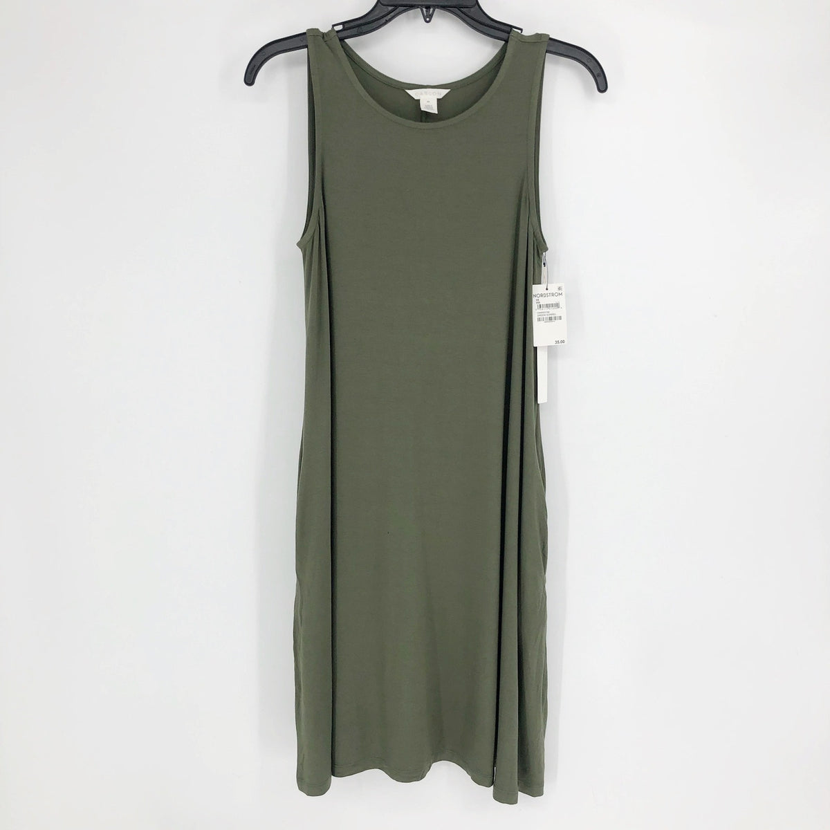 Caslon Womens Swing Dress XS Green Tank Sleeveless Round Neck Pockets NWT