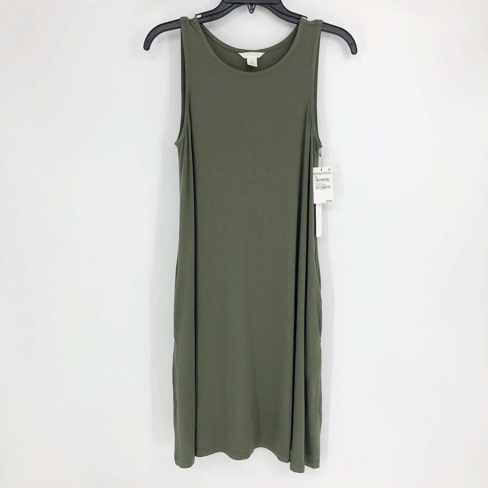 Caslon Womens Swing Dress XS Green Tank Sleeveless Round Neck Pockets NWT