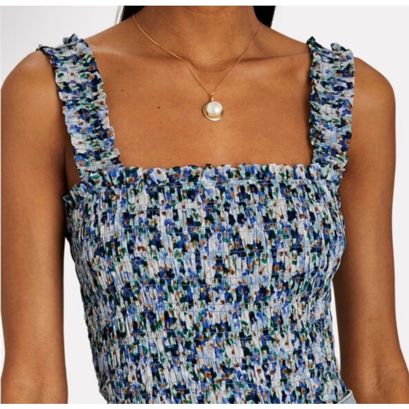 VERONICA BEARD Averie Smocked Tank Top Large Blue Cobalt Floral Print NWOT