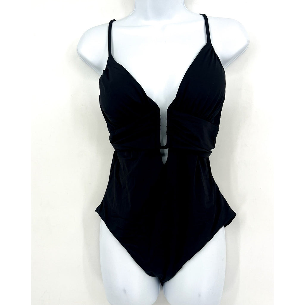 BECCA Women’s Color Code Plunge One Piece Swimsuit Large Black U Ring NWT