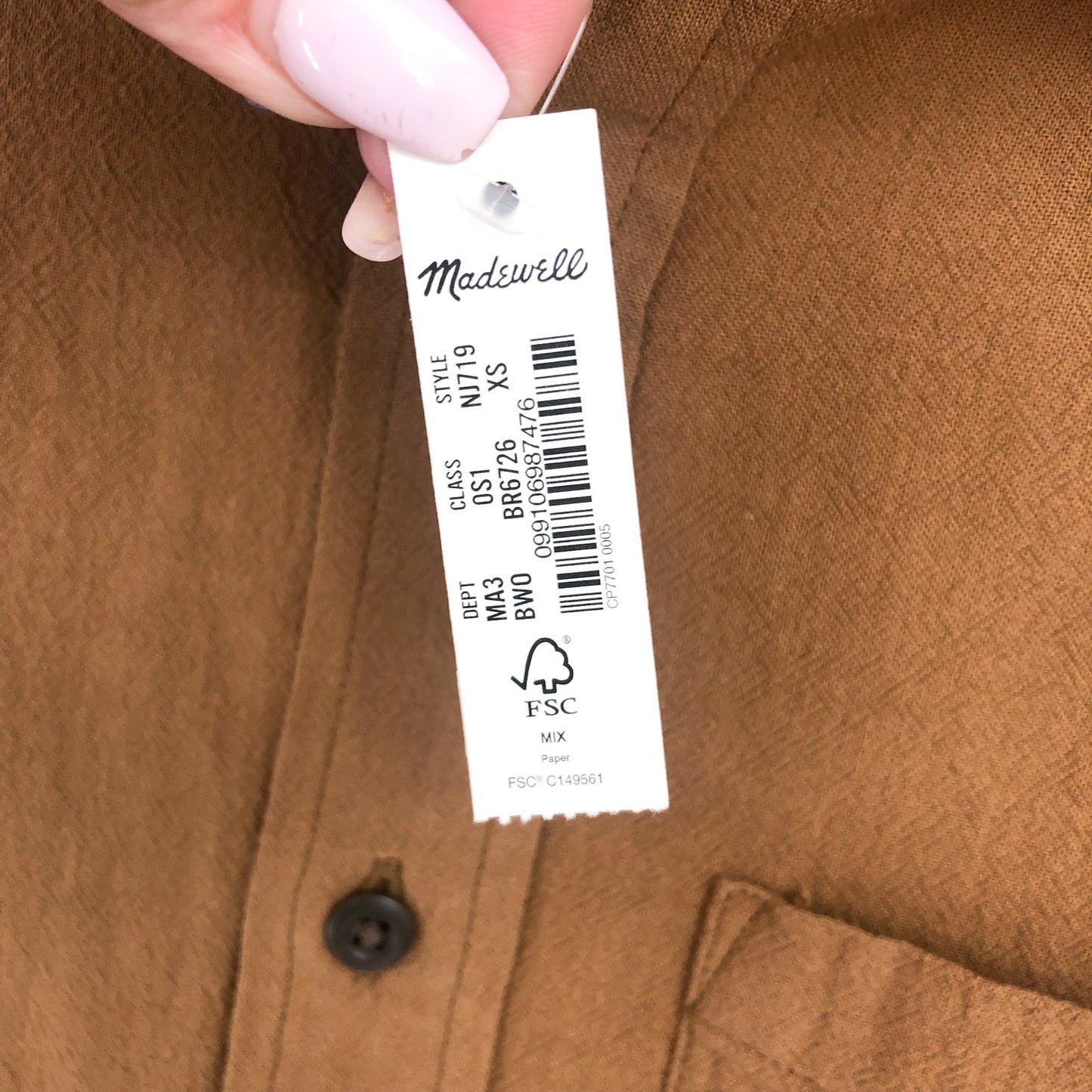 MADEWELL Men's Crinkle Cotton Perfect Fit Shirt XS Brown Short-Sleeve NJ719 NWT