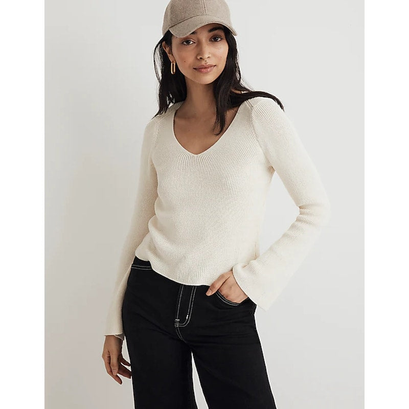 MADEWELL Womens Flared-Sleeve V-Neck Sweater Medium Antique Cream NO063 NWT