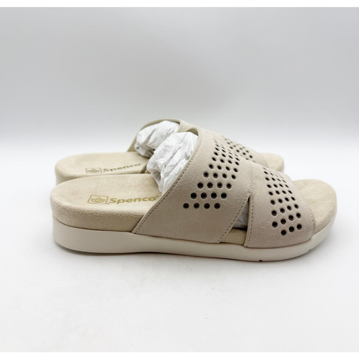 SPENCO Women's Twilight Stud Sandals Size 5.5 WIDE EU 35.5W Cream Slip On NIB