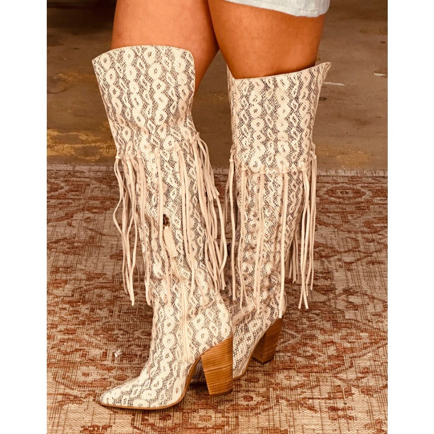 DINGO Womens Kitty Kat Fringe Snake Snip Toe Cowboy Boots US 8.5M White