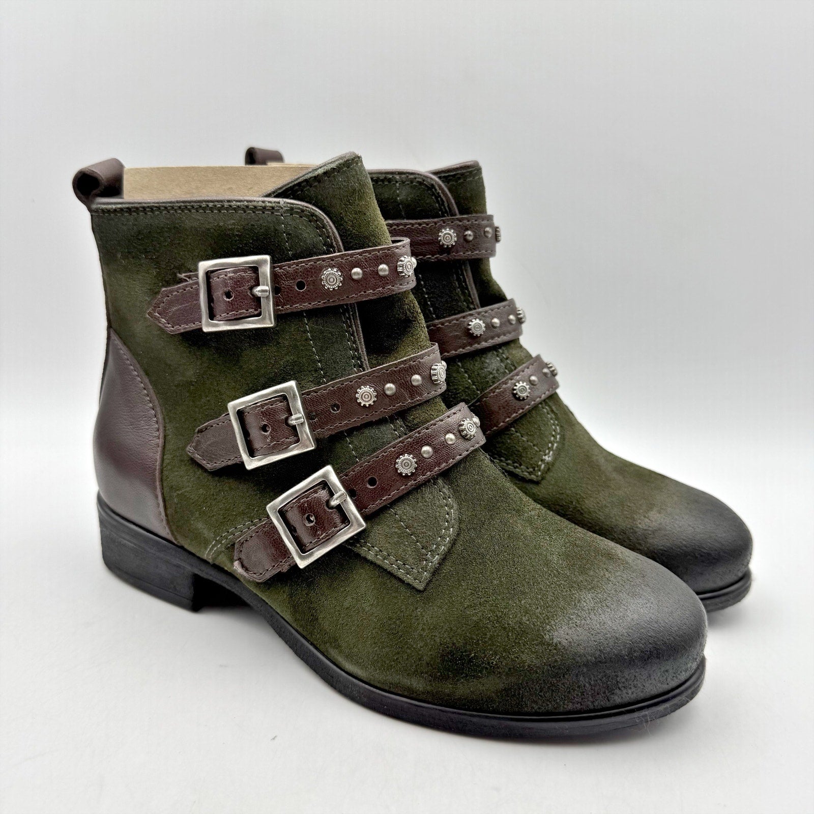 Miz Mooz Womens Sherri Ankle Boot EU 36 WIDE US 6 Green Brown Leather Buckle NIB