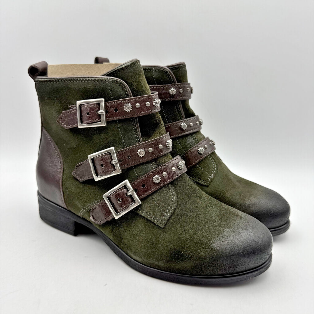 Miz Mooz Womens Sherri Ankle Boot EU 36 WIDE US 6 Green Brown Leather Buckle NIB